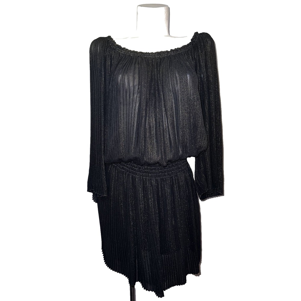 Max Studio Black Gold Metallic Pleated Off Shoulder Smocked Mini Dress Medium M